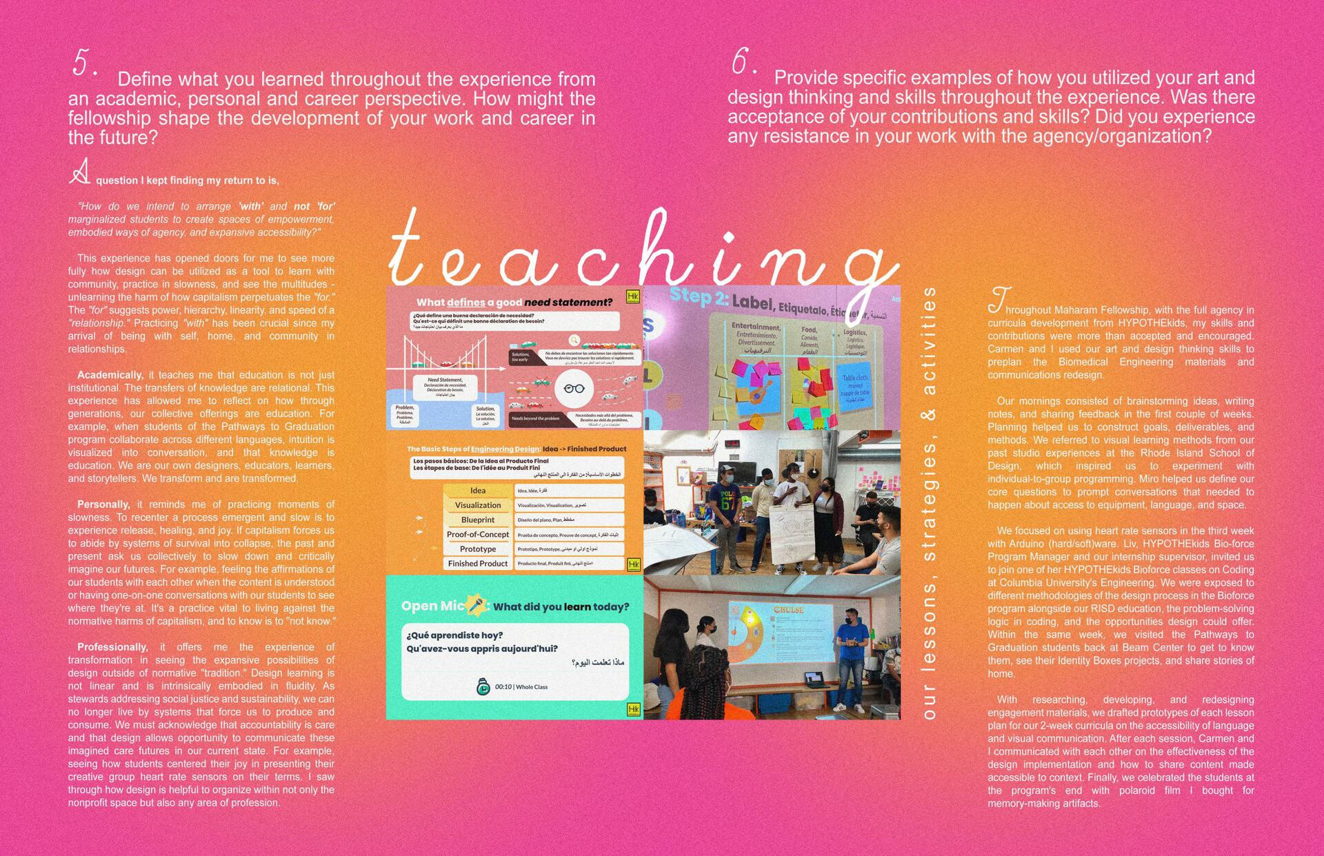 Gradient orange-to-pink page with centered images depicting students collaborating on design tasks in Beam Center's studio setting. Text and diagrams are visible around the images. Title reads "teaching" with subheading "our lessons, strategies, and activities".