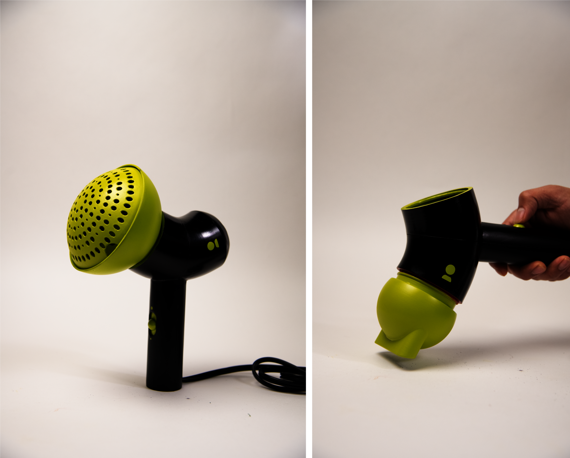 Black body hairdryer with chartreuse green screws in the front. Around the hairdryer are other attachments such as a hairdryer nozzle(chartreuse green), diffuser(chartreuse green), fabric shaver(bright pink) and clothes steamer(bright pink) placed on a white backdrop.