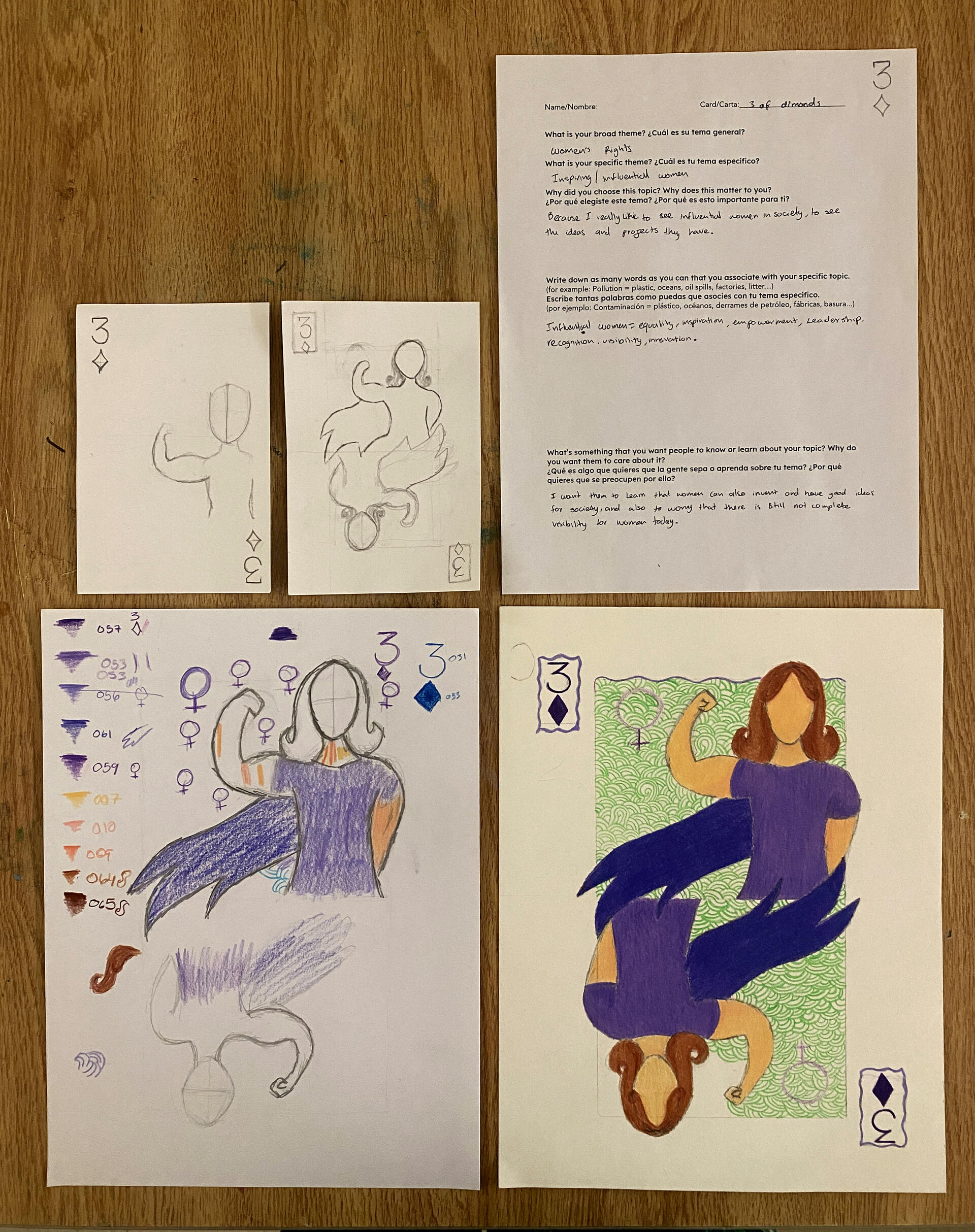 Papers counter-clockwise from top right: guided brainstorming sheet, rough sketches on index cards, testing colors, and final illustration featuring a diagonally symmetrical drawing of a woman flexing her bicep.