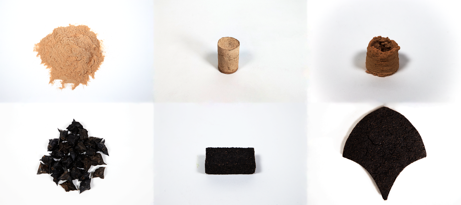 Left to right, first row: sawdust powder, a cylindar of sawdust-based material, a 3D printed small structure. Second row: Water Chestnut pods, a water chestnut-based brick, a water chestnut leaf-shaped tile. 