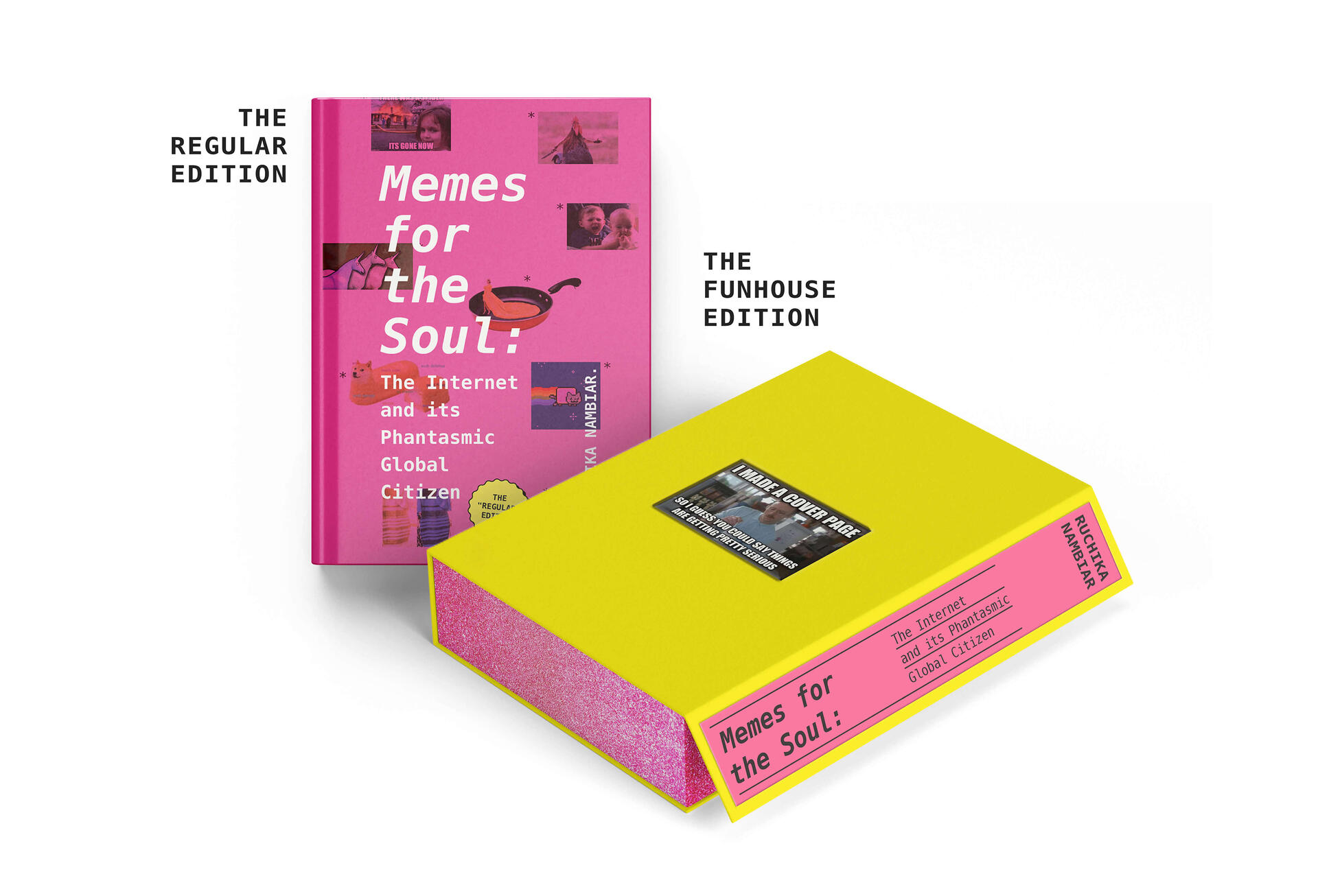 Digital visualization of a pink hardcover book, beside a yellow clamshell box.
