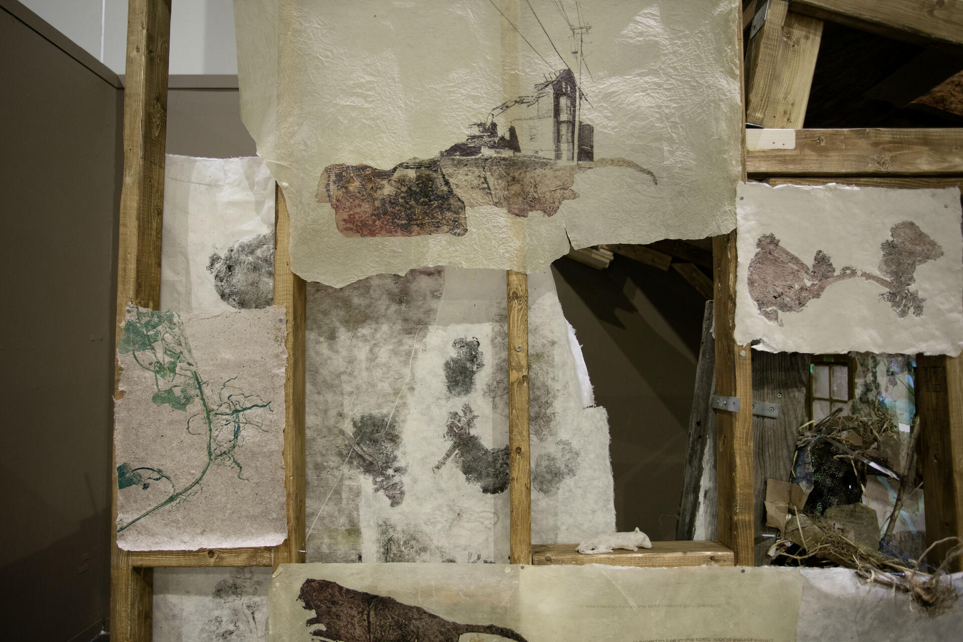 Close up of prints of plants, roadkill remains, and a house in process of being demolished  on top of abstracted forms. Exposed wall framing, nest coming through and small paper rat on a ledge.