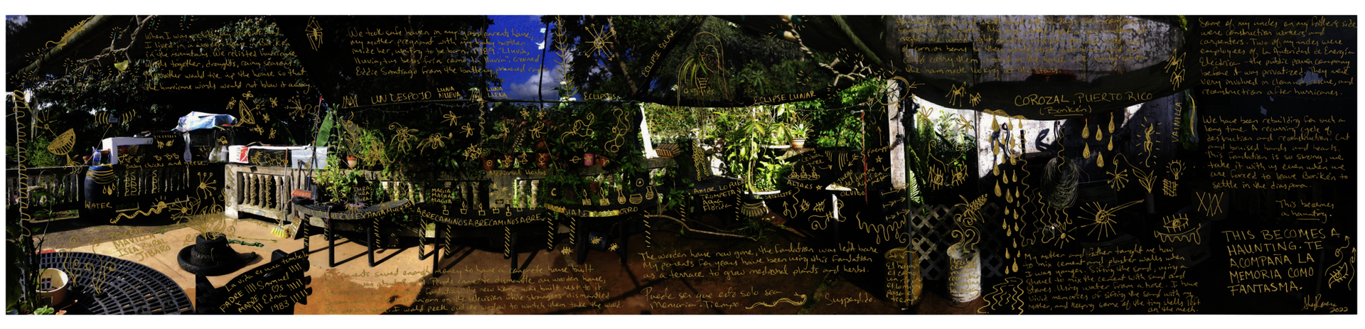 Digital landscape photograph of a terrace of a house in stilts in Puerto Rico, with a wild garden of medicinal herbs and cages with young fowl for animal husbandry. A place of Boricua specific forms of land tending and self sustainable farming. Digital print intervened with gold ink doodles and annotations. 2022. 