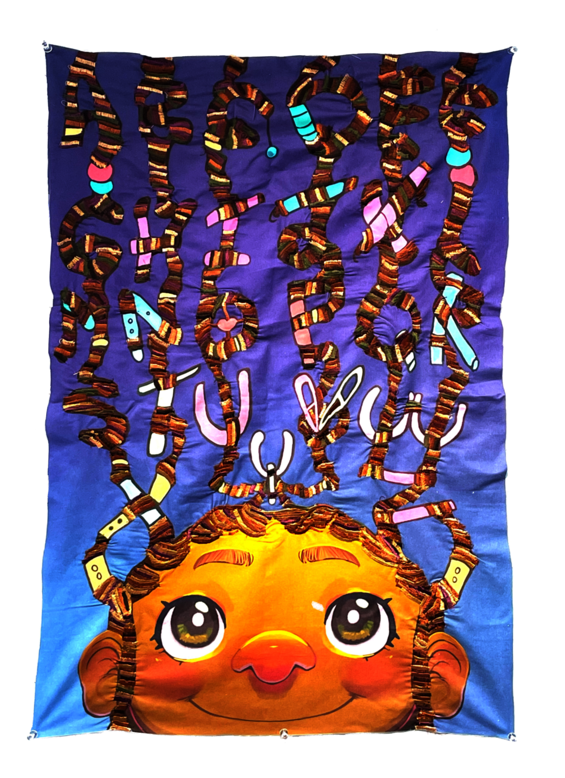 A young black, female child with braids looking up. Blue background. Braids are decorated with beads. Each braid forms the letters of the ABCs. The braids thread painted in brown, orange, and purple tones.