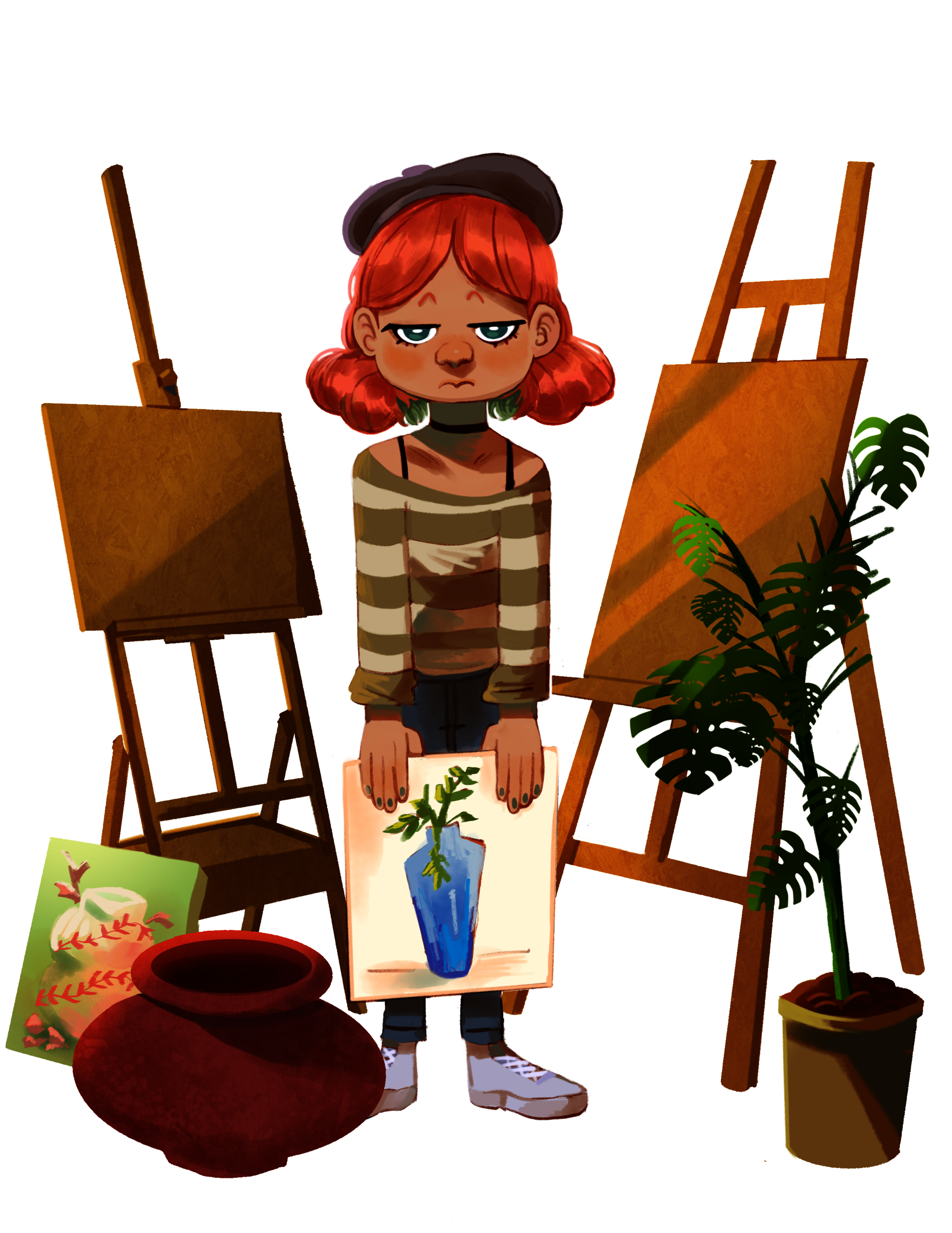 A young tan girl with bright orange hair, standing in the middle of two art easels, pots, and plants. She is holding a canvas with a blue vase on it.