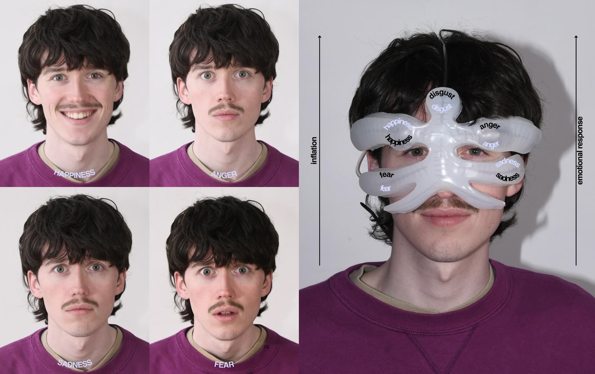 Chart showing the basic emotions; happiness, sadness, fear, anger, and disgust. The secondary image shows a portrait of a face wearing the augmentation and the chambers it represents.  