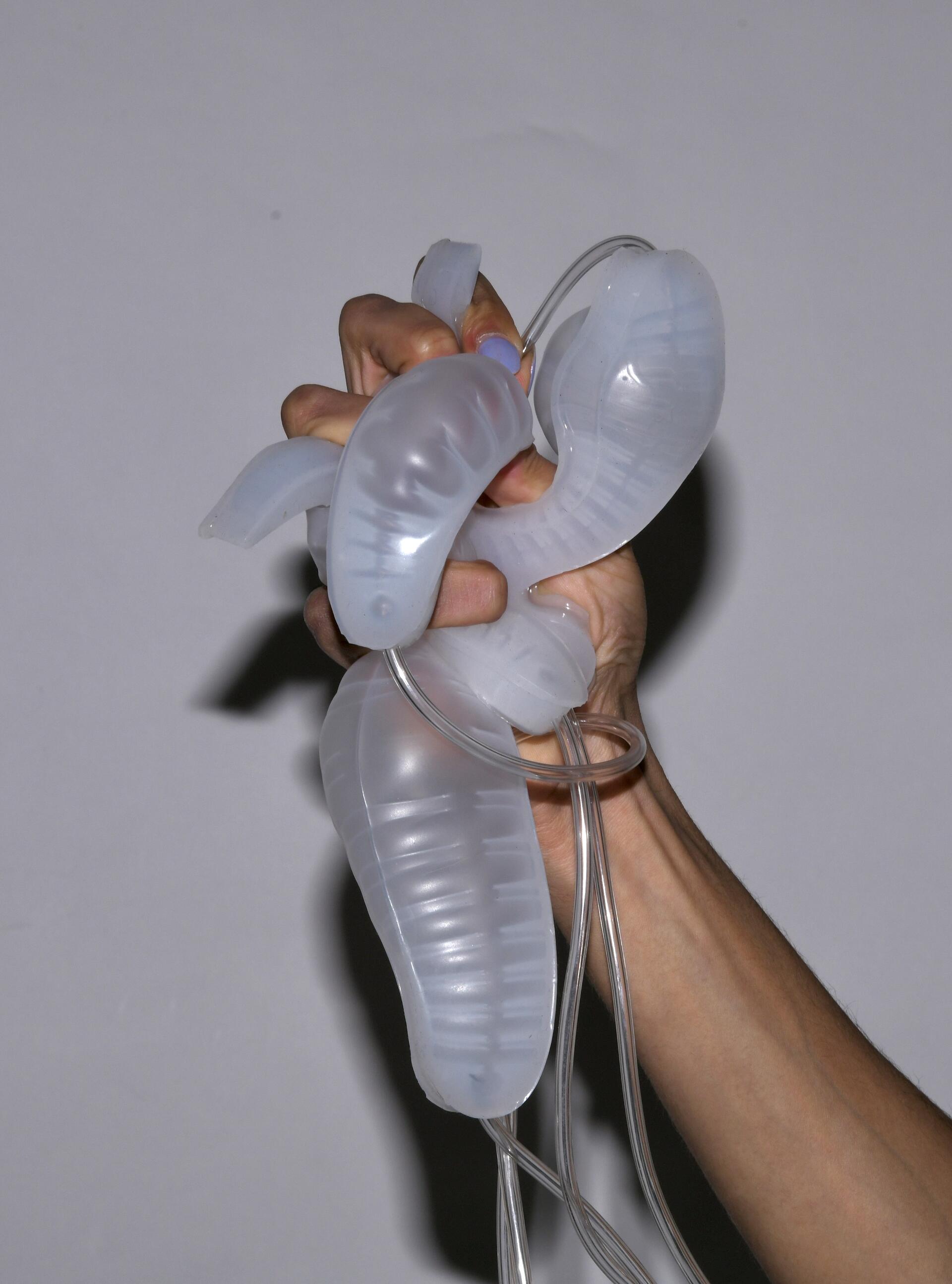 Image of the robotic entity, held by a hand. The object is ballooning.