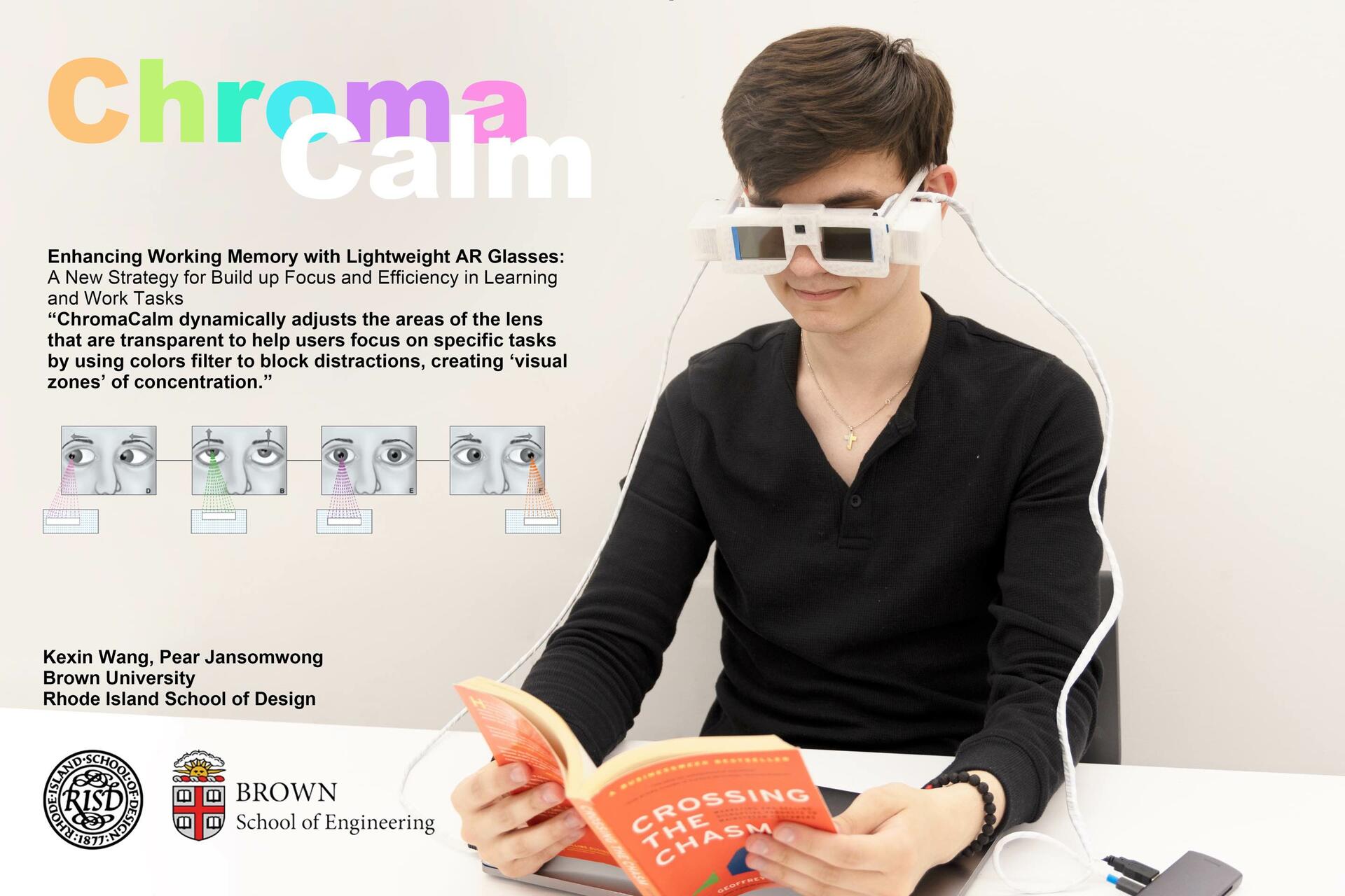 A person sits reading a book while wearing ChromaCalm AR glasses, which are equipped with adjustable transparent lenses to aid concentration.