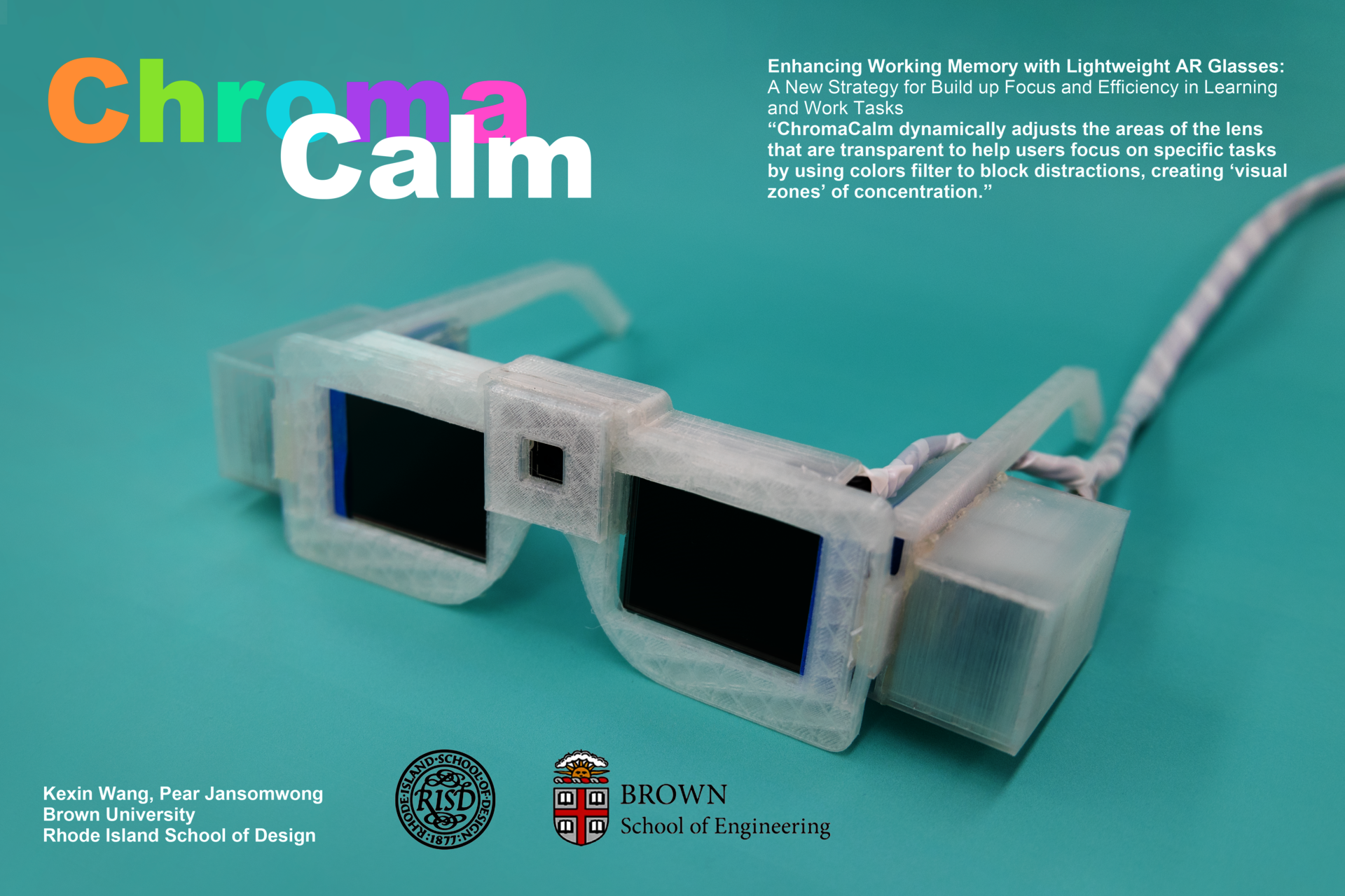 ChromaCalm AR glasses with translucent frames and tinted lenses, showcasing innovative design for enhancing concentration by controlling visual stimuli.