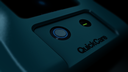 A close up shot of the product render showing the button and heart rate sensor panel.