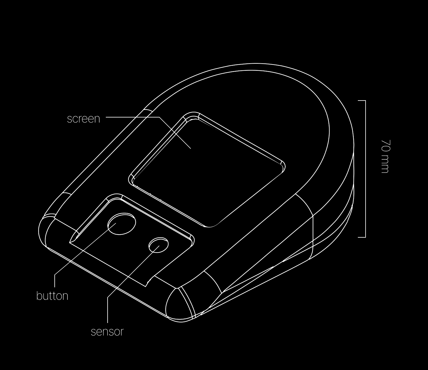 A line drawing of the QuickCare product labeling the scree, button and sensors along with measuring out the size of each component. 