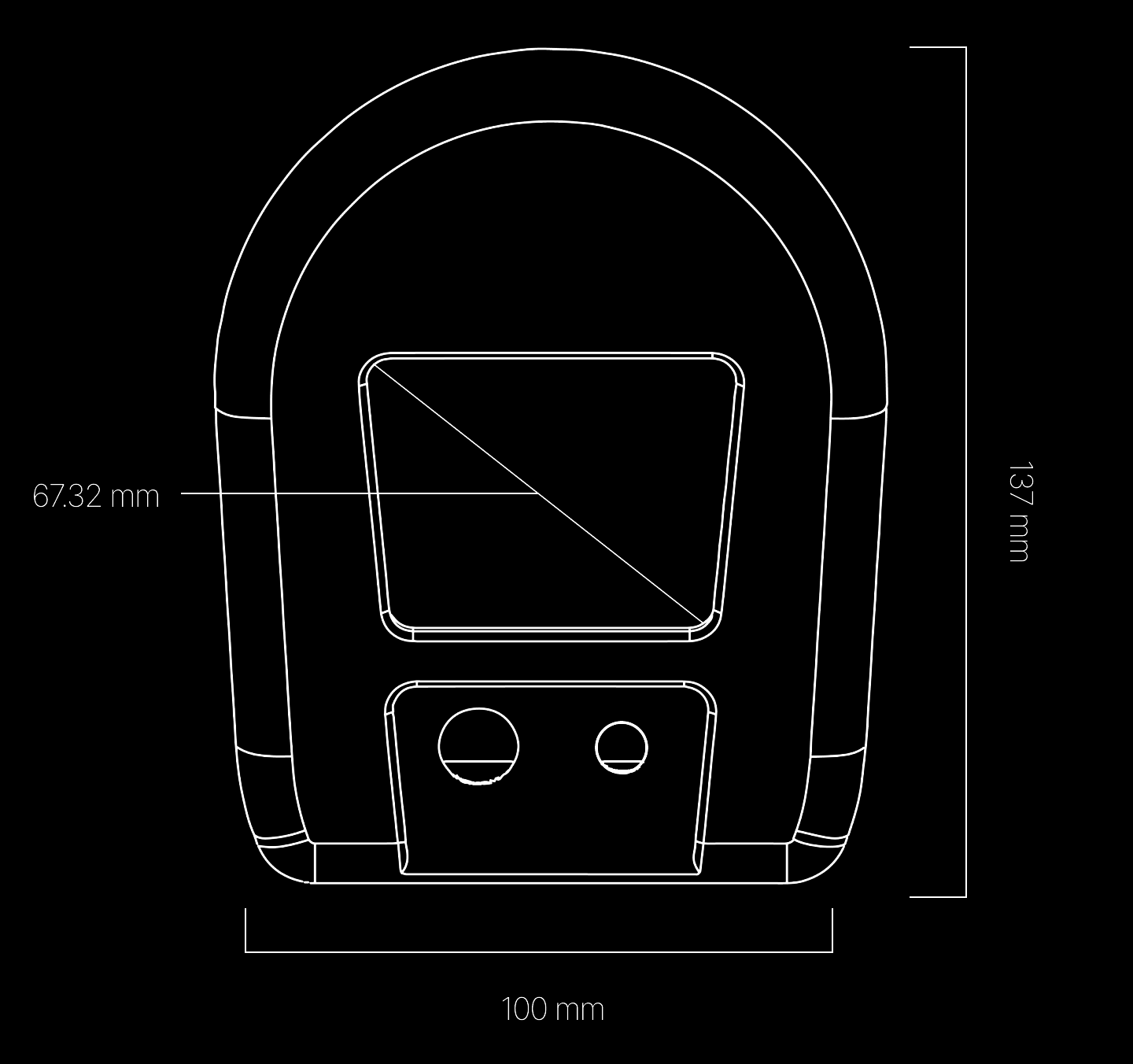 A line drawing of the QuickCare product labeling the scree, button and sensors along with measuring out the size of each component. 