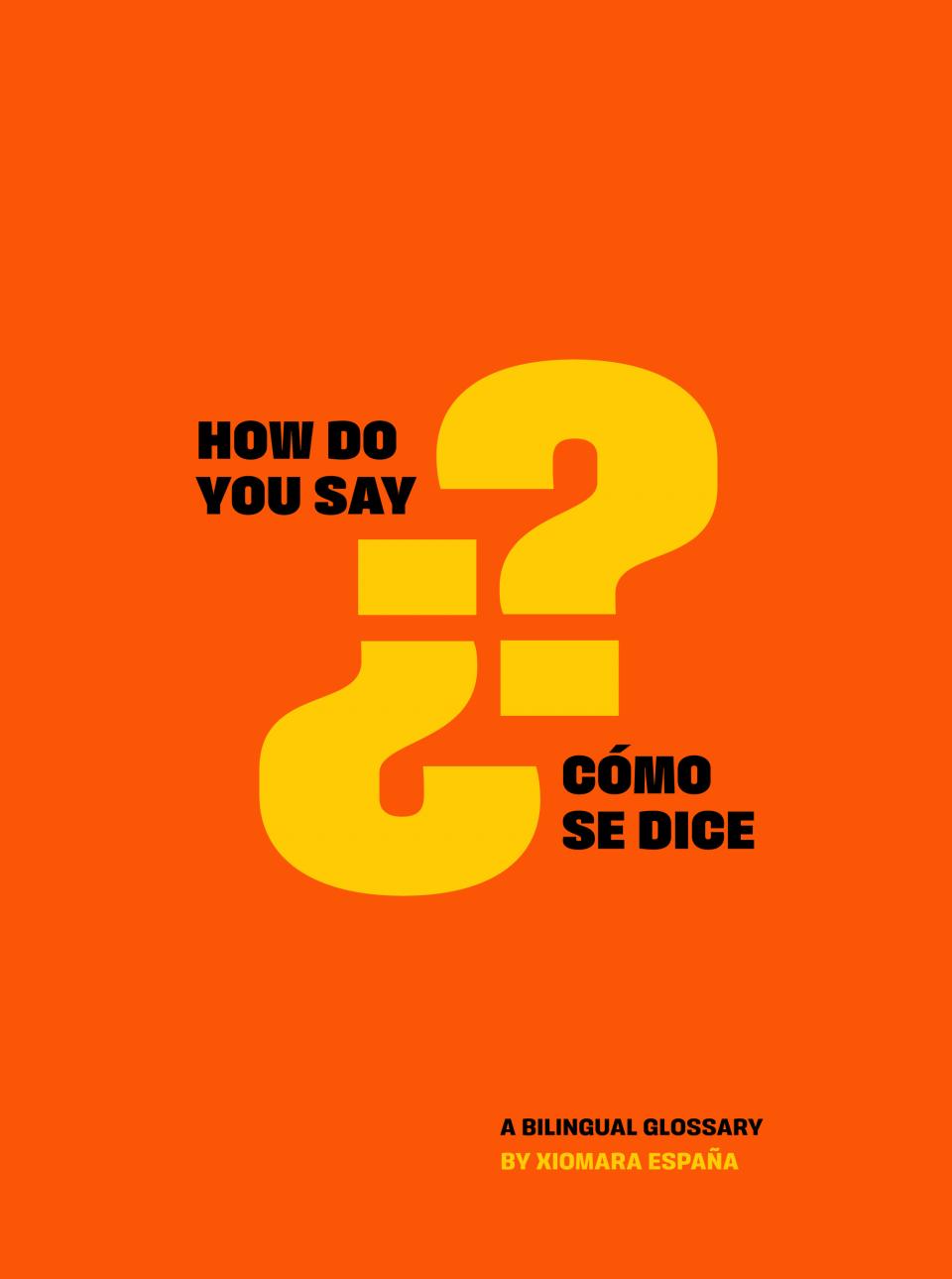 Orange poster with the words 'How do you say' and 'Cómo Se Dice' and two large yellow question marks