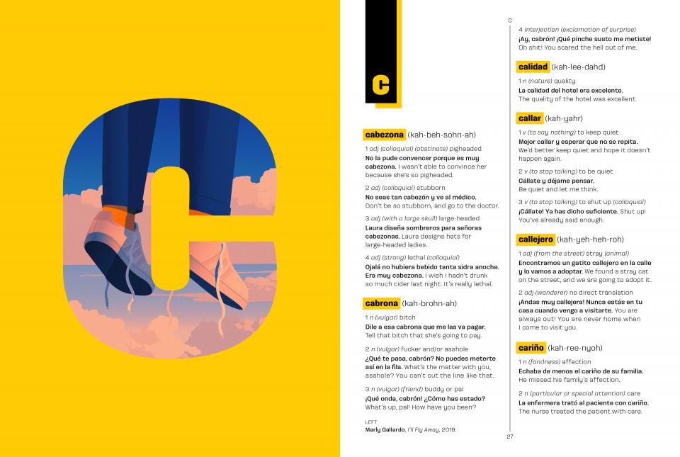 Book spread with a yellow left page with a large letter 'c' and text on the right page