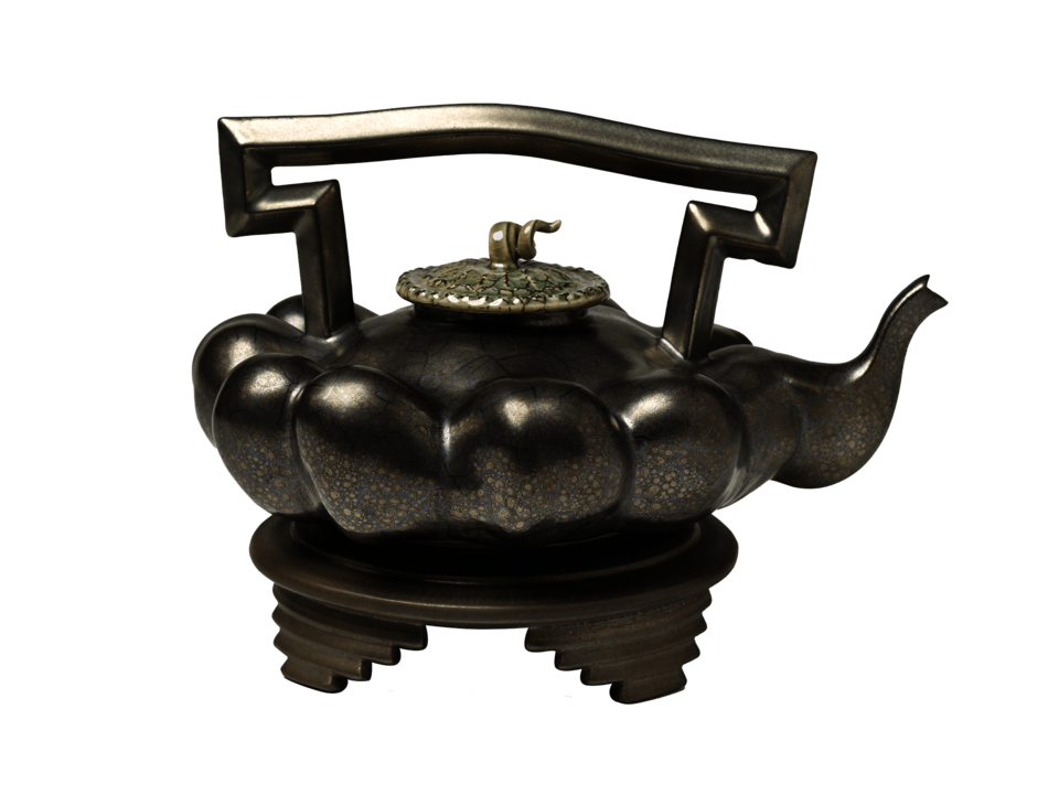 Squash-shaped teapot in profile. Curling finial, rectangular handle, and stacked rectangular feet. Covered in a dark grey metallic glaze.