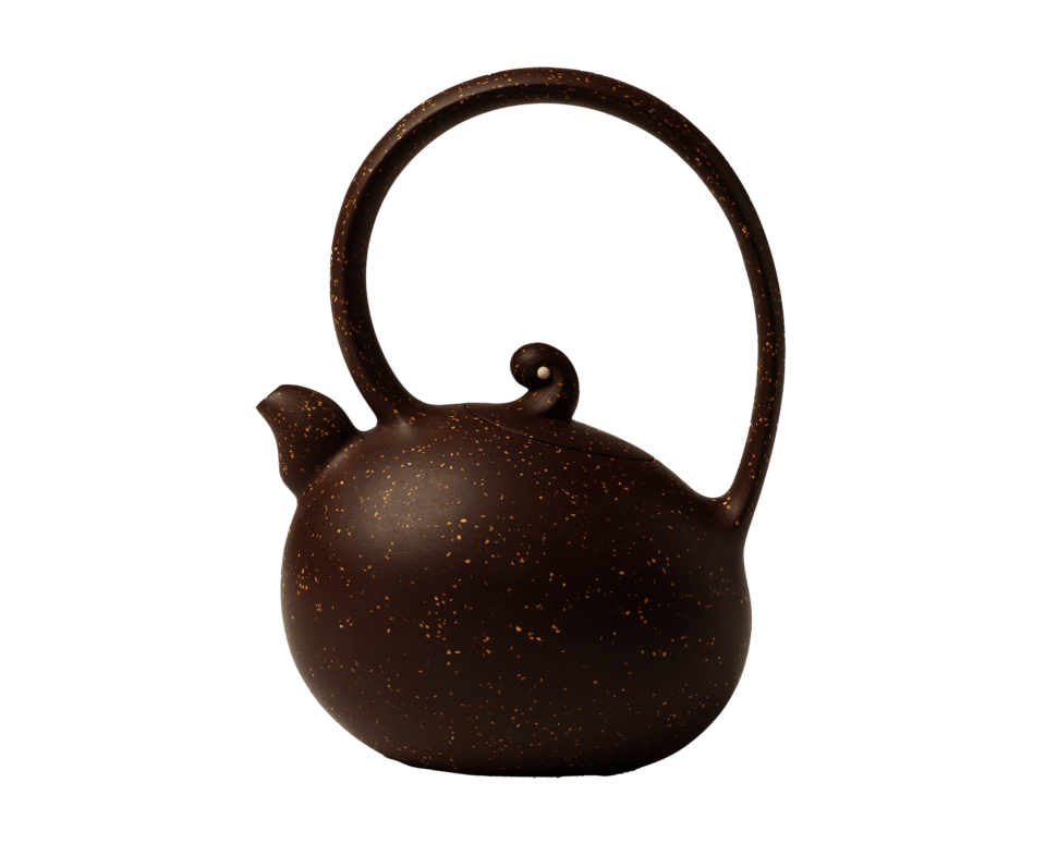 Bulbous dark brown teapot with thick, short spout. Tall curving handle and curled finial on top.