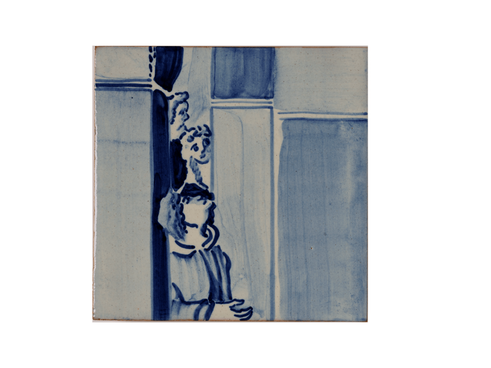 Ceramic tile with a painting of three figures looking from a doorway in blue glaze
