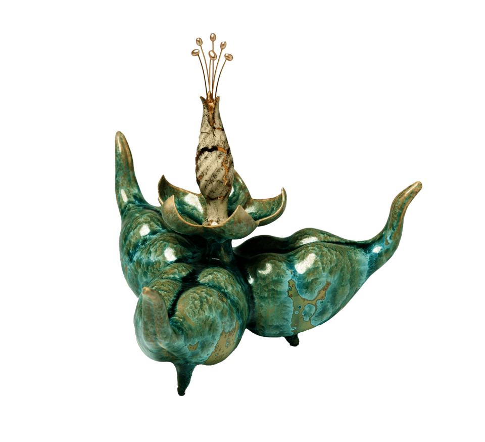 Bottle made up of three, rounded segments with curving ends pointed upward. Flower form in the center. Covered in a metallic blue-green glaze.