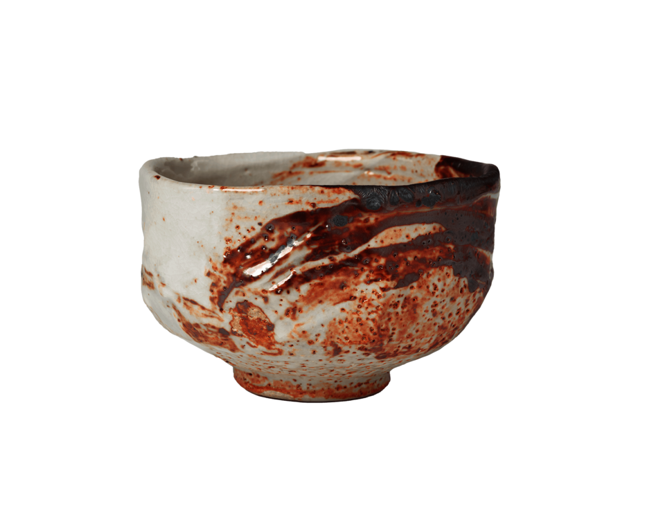 Bowl with round foot. Light grey body with streaks of light and dark red.