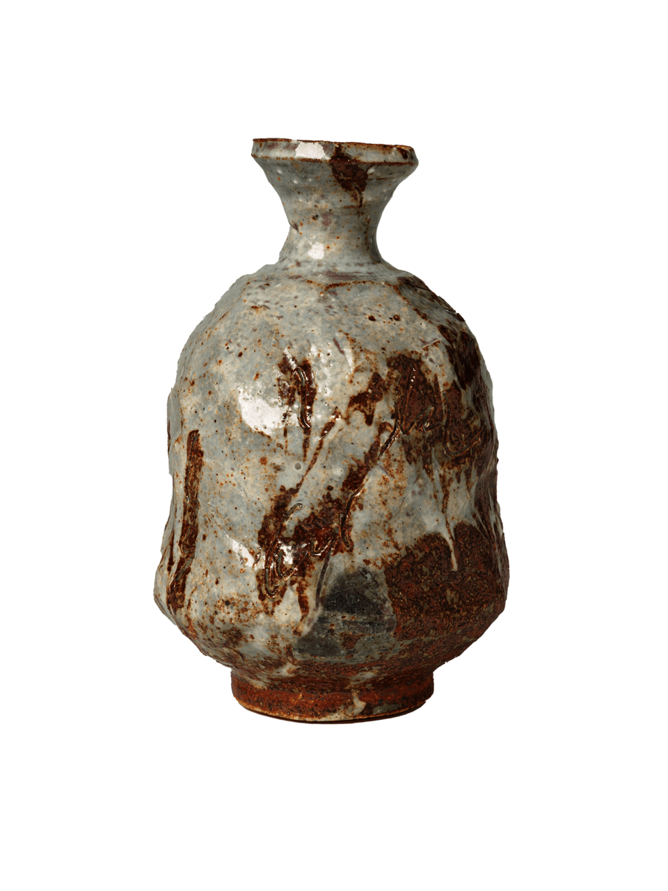 Vase with a small neck and rounded foot. Covered in drips of grey and brown.