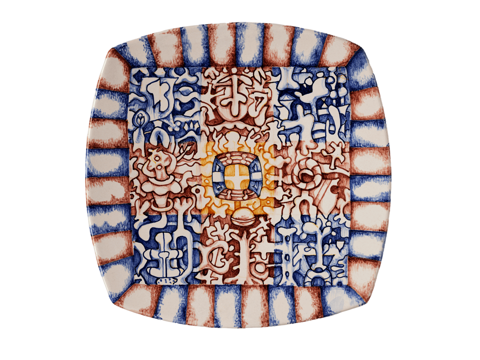 Square plate with rounded sides. Red and blue pattern with yellow in center.