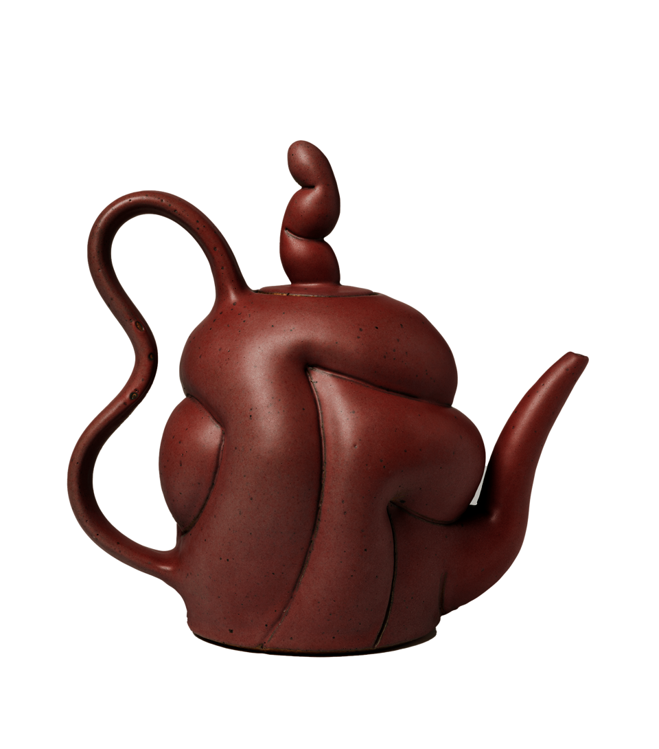 Rust colored teapot in profile with over-exaggerated curves and tall finial. Spout points left and a large curving handle is to the right.