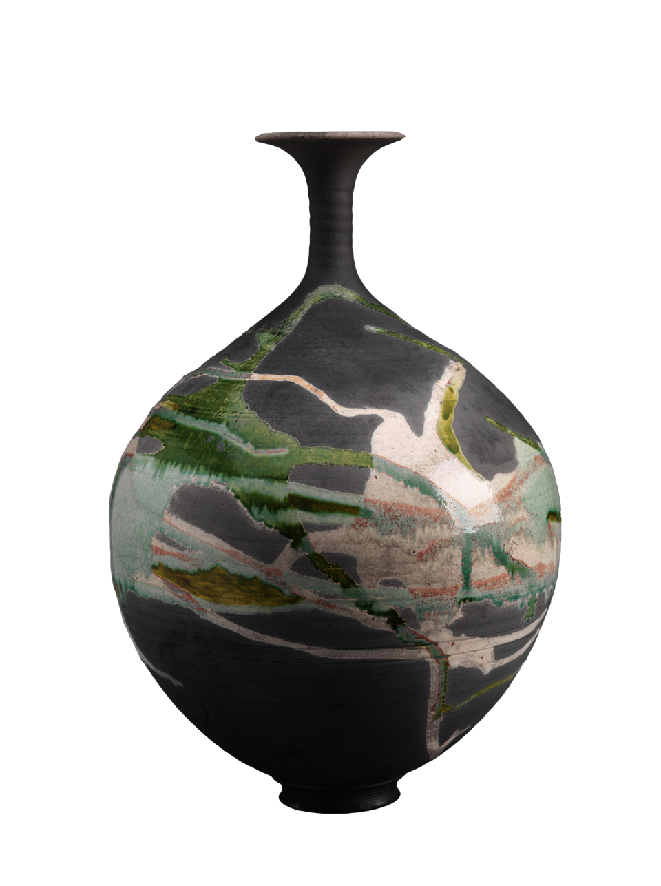 Bulbous gray vessel with skinny neck and flared top. Covered all the way around in splashes of green and pink glaze. 