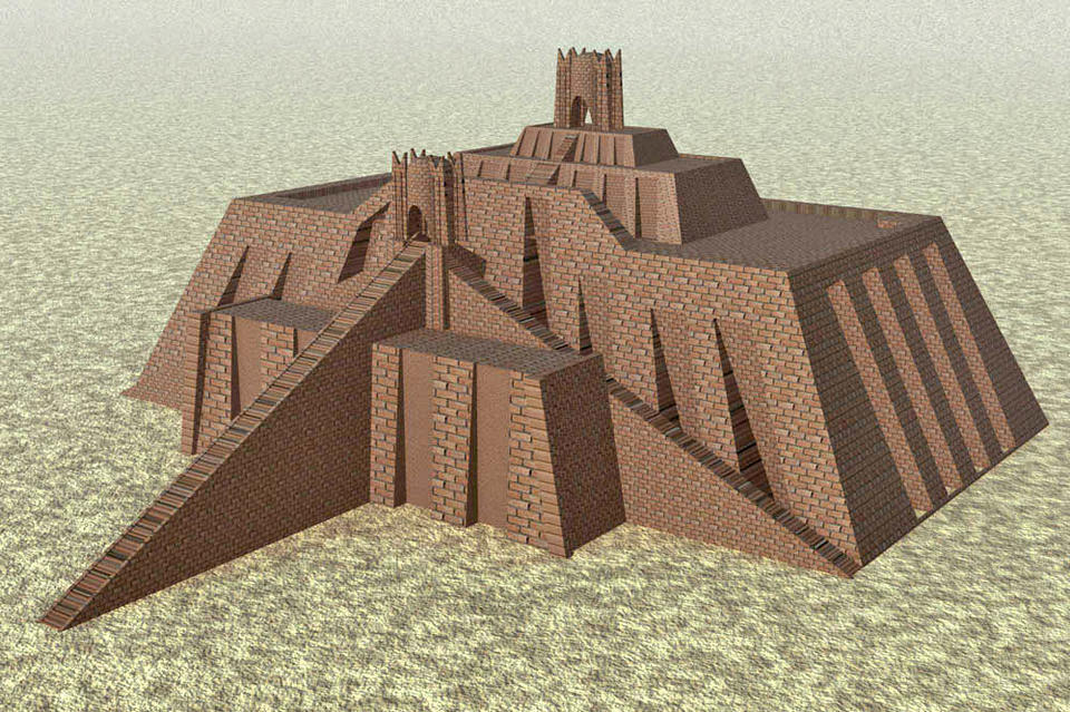 3D computer rendering of the Ziggurat of Ur, as imagined by archeologists. The tan stone building has four square levels, with large sloping staircases and two gateways.