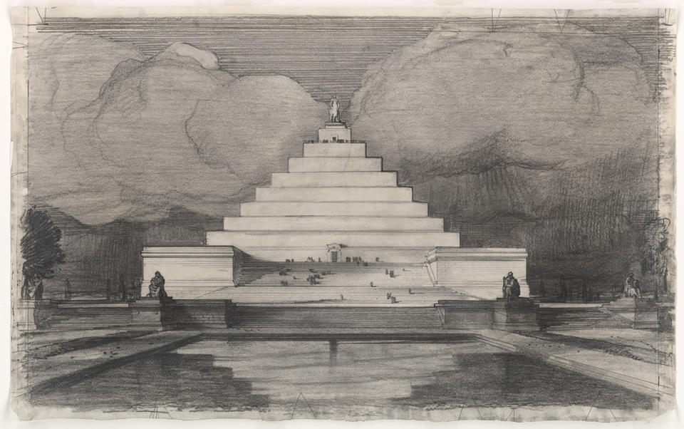 Black and white architectural drawing of a proposal for the Lincoln Monument, in the shape of a ziggurat, or stepped pyramid. We see the monument straight on, with a reflecting pool below and a statue on top.