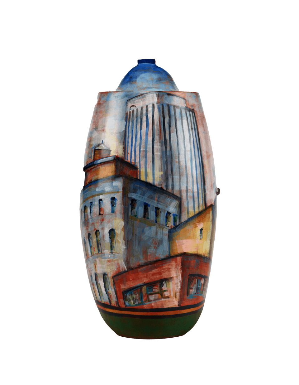 Tall vessel with painted images of modern buildings. A small, blue-painted domed form on top.