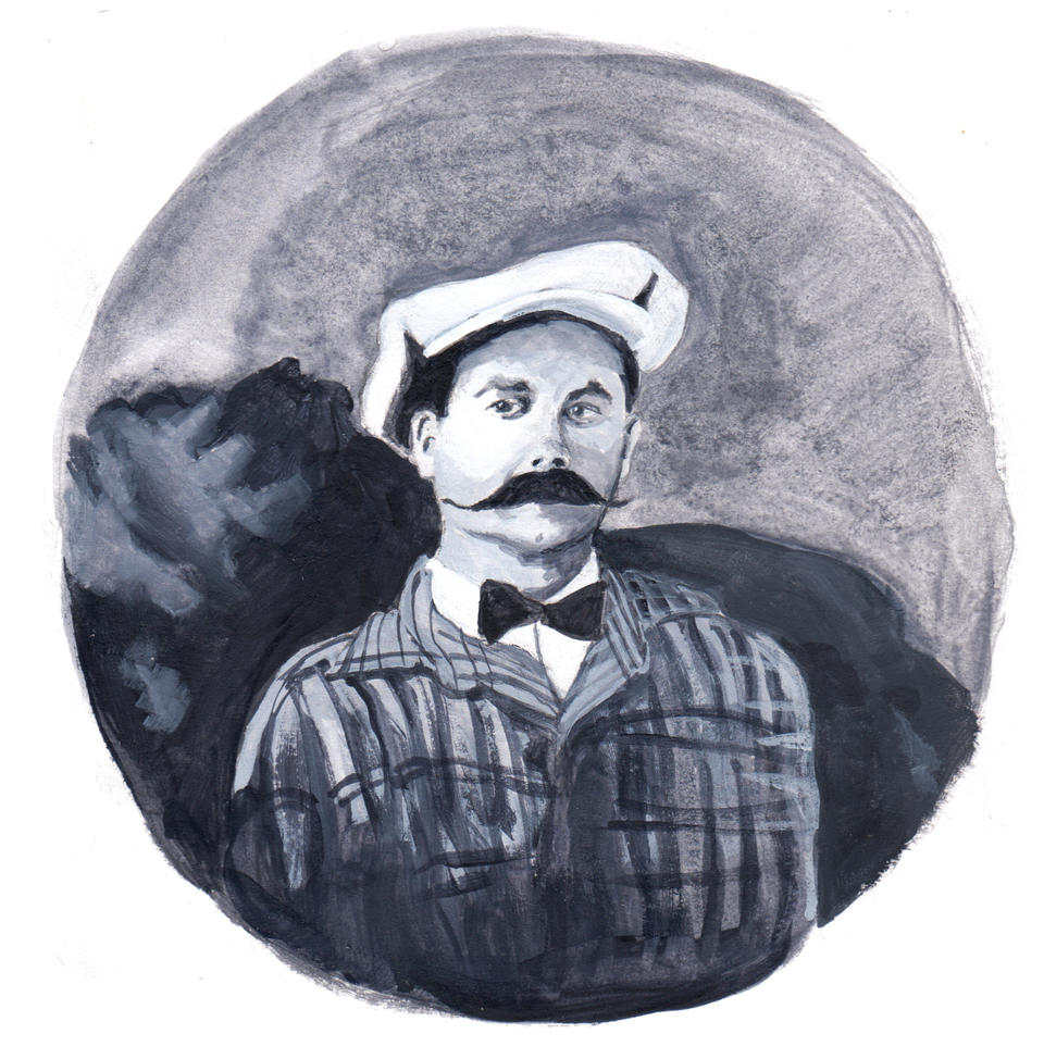 Black and white gouache painting of Spanish man in the 1800s with a large mustache. My great grandpa!