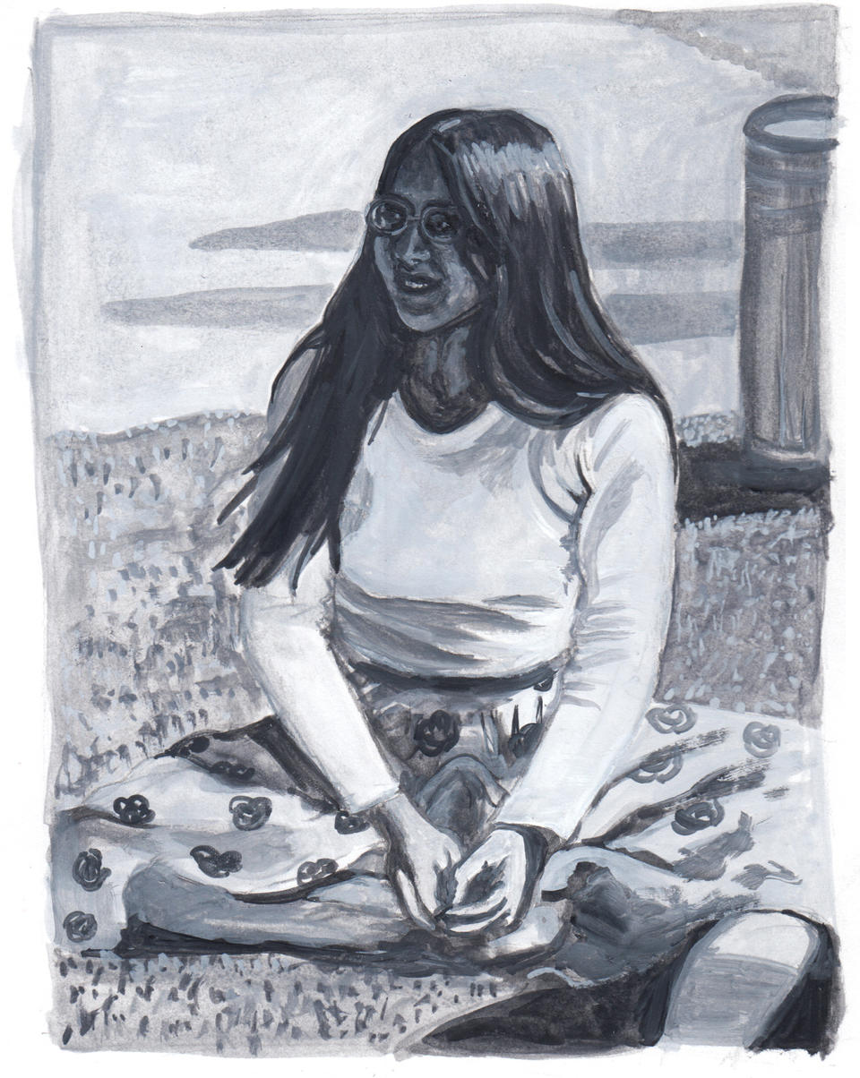 A black and white gouache painting of a young woman sitting in the grass. My mother at 16!