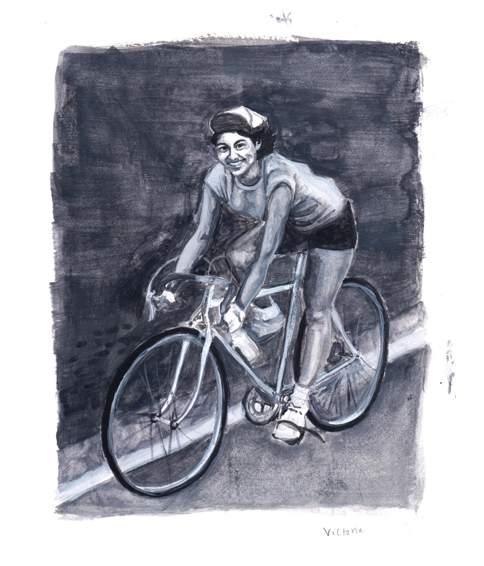 A black and white gouache painting of a woman riding a bicycle. My mother at 19.