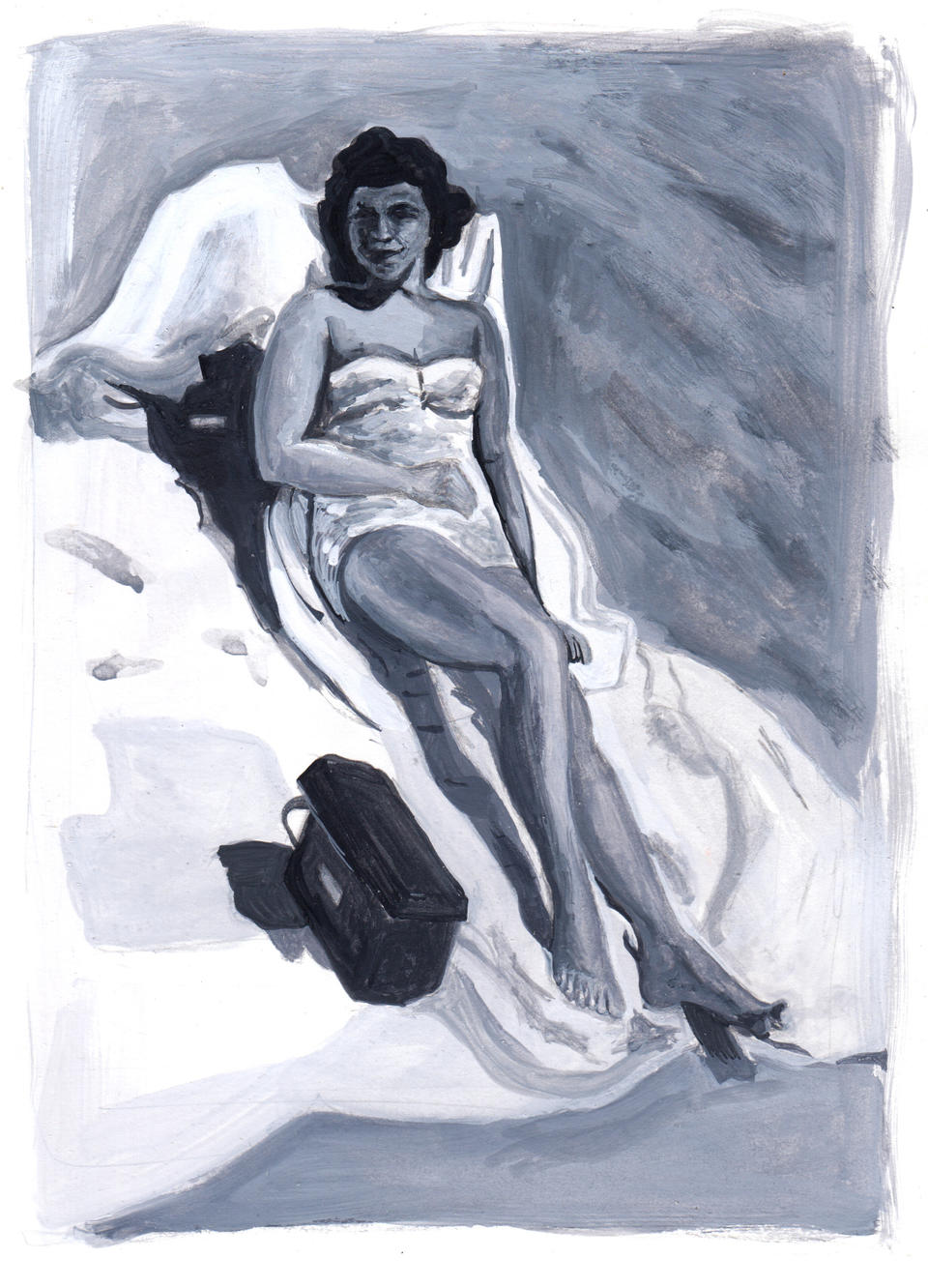 A black and white gouache painting of a woman sitting on the beach. My great grandma Hildy.