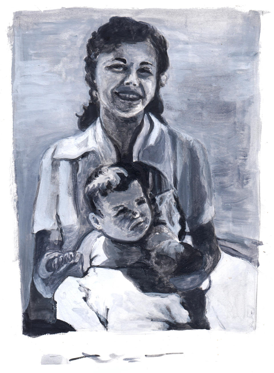 A black and white gouache painting of a woman holding a baby. My great grandma Hildy and my grandma Laurie.