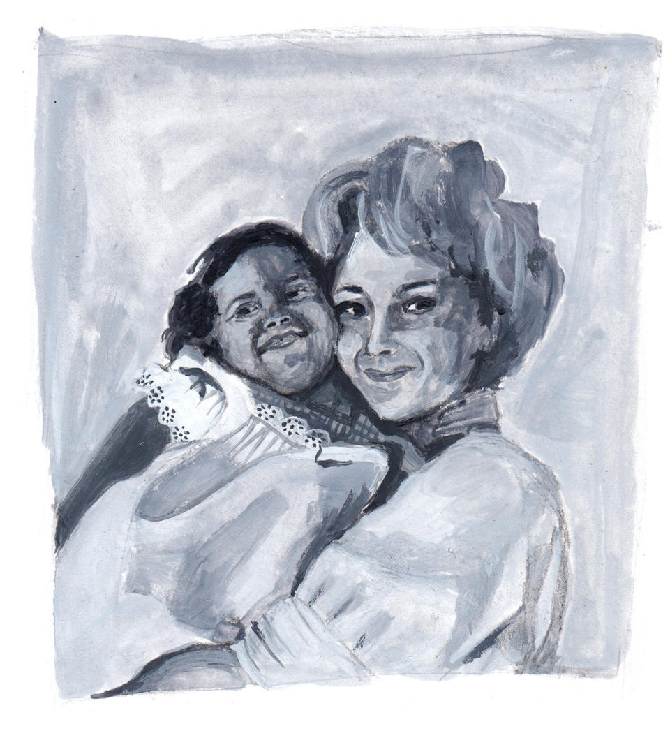 A black and white gouache painting of a woman holding a baby. My grandma Laurie holding my mom, Victoria