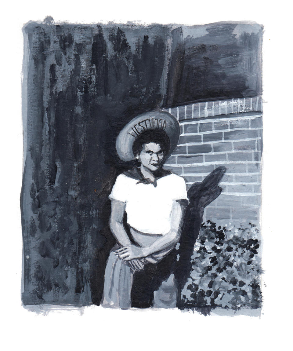 A black and white gouache painting of a woman sitting in the sun. My great grandma Victoriana.