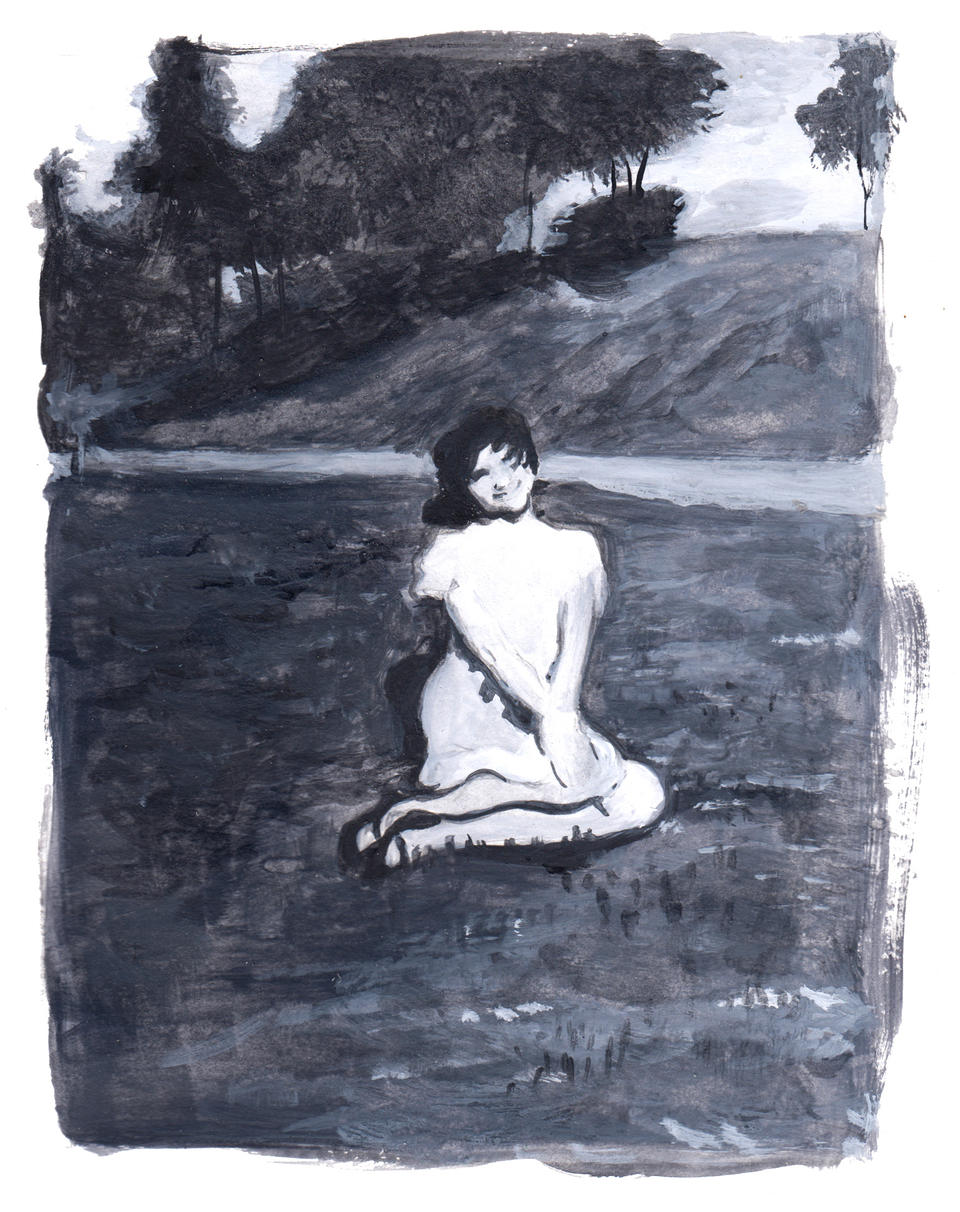 A black and white gouache painting of a young girl sitting in the grass. My grandma Hildy.