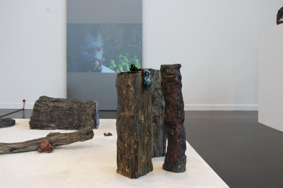 Installation view of ceramic tree trunks, and video of nest performance.