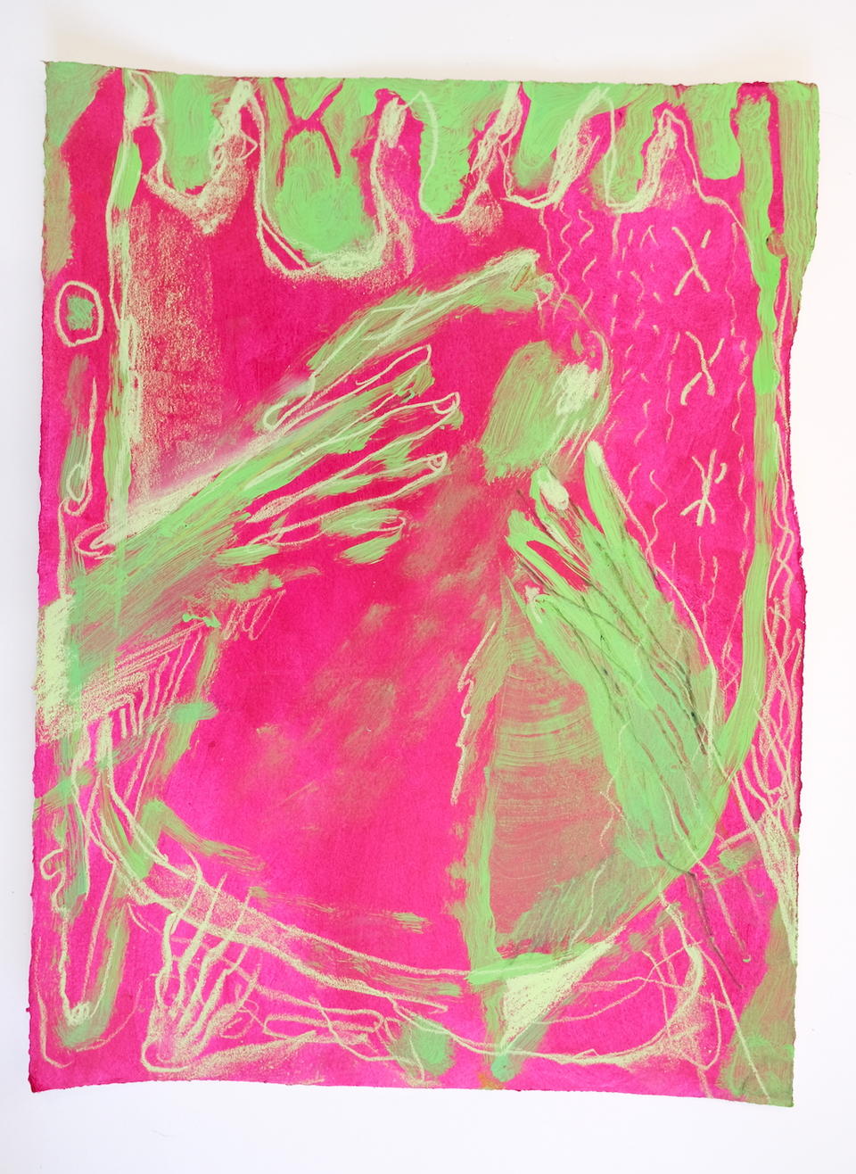 Photo of pink and green drawing with hands clutching an upturned face