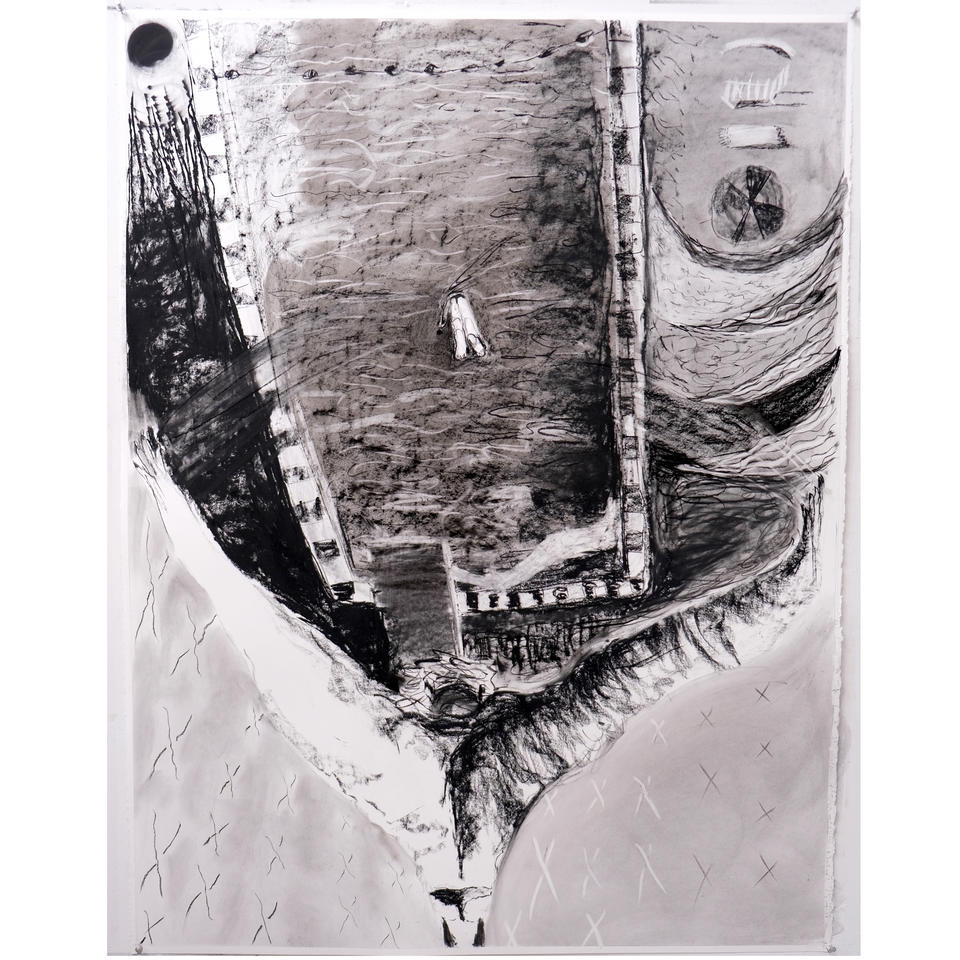 Photo of a charcoal drawing of an aerial view down onto a pool that unfolds into abstraction. A tiny diver is poised above the water; muscular trunk-like arms stretch out in a V-frame towards the bottom.