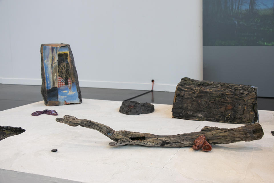 Installation view of ceramic tree trunks, and video of nest performance.