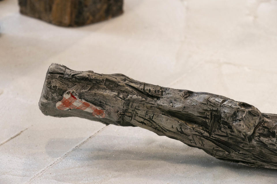 Detailed image of drift wood clay sculpture with patch of fabric shaped like a phallus.