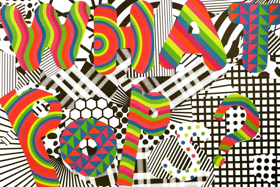 Large bubble letters filled with rainbow patterns spell out 'What Pops?' above a complex black and white patterned background