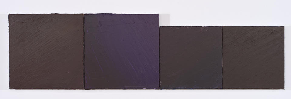 Painting composed of four very dark interlocked rectangles. Combined shape is a long horizontal rectangle, with the top margin stepped down. 