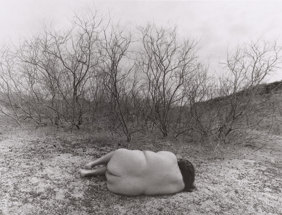 Black and white photo showing the back of a fat nude person curled up on their right side. They are outdoors, in a stark landscape of leafless trees.
