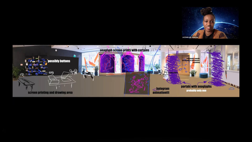 Screenshot of a presentation by Jazzmen Lee-Johnson, who appears in the upper-right corner. An interior space is marked with notes and drawings. Notes say: “screen printing and drawing area, possibly buttons, anaglyph screen prints with curtains, hologram animationttt, portals with anaglyphs--probably only one.”