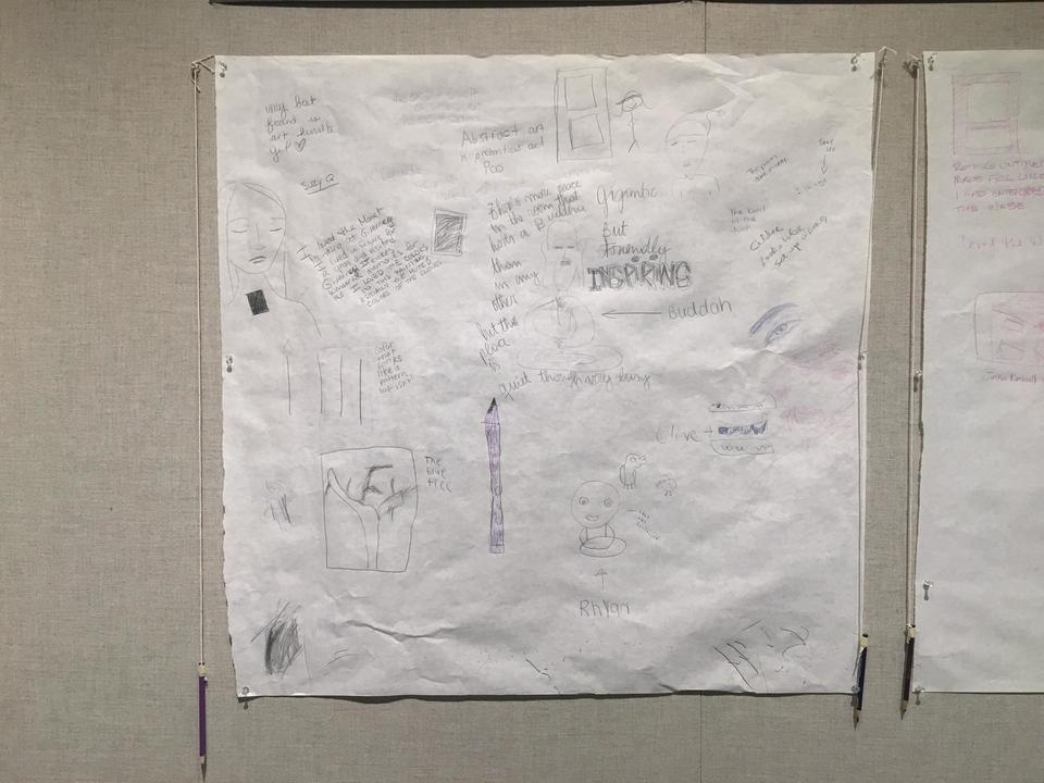 Detail of a sheet of paper covered with writing and drawings. A pencil hangs from a string beside it.