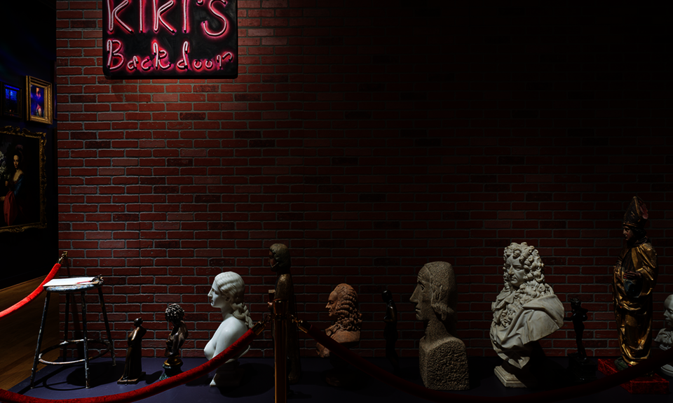 A brick wall bears a sign saying “Kiki’s Back Door.” Waiting on the ground behind a red velvet rope is a row of portrait busts and historical figurative artworks.