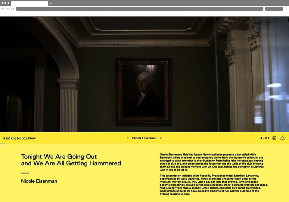 Screenshot. Portrait of George Washington hangs on a wall. Text below says: “Tonight We Are Going Out and We Are All Getting Hammered. Nicole Eisenman.” Two paragraphs discuss this exhibition.